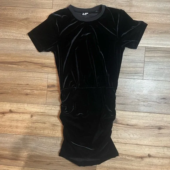 The Kooples Short Sleeve whimsigoth grunge black Velvet Rouched Mini Dress - Picture 4 of 9